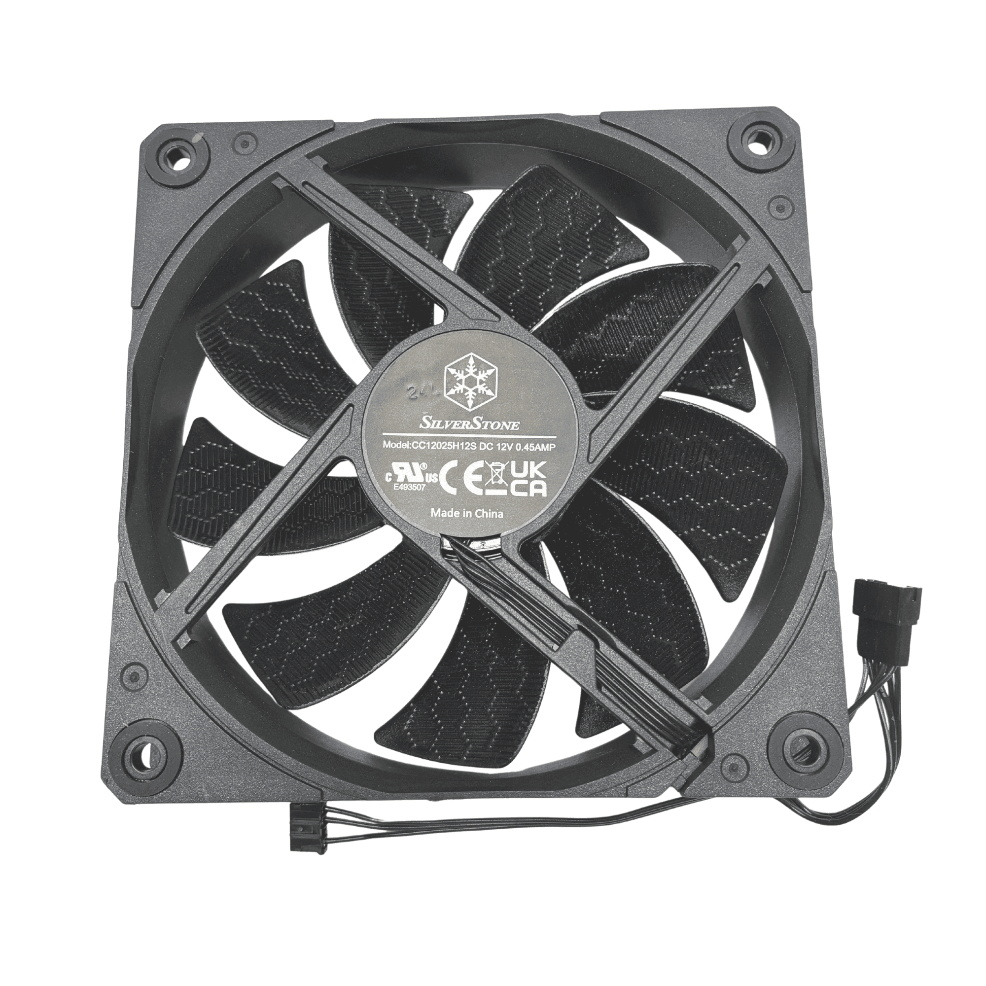 Close-up of high-airflow fan blades with textured shark fin pattern